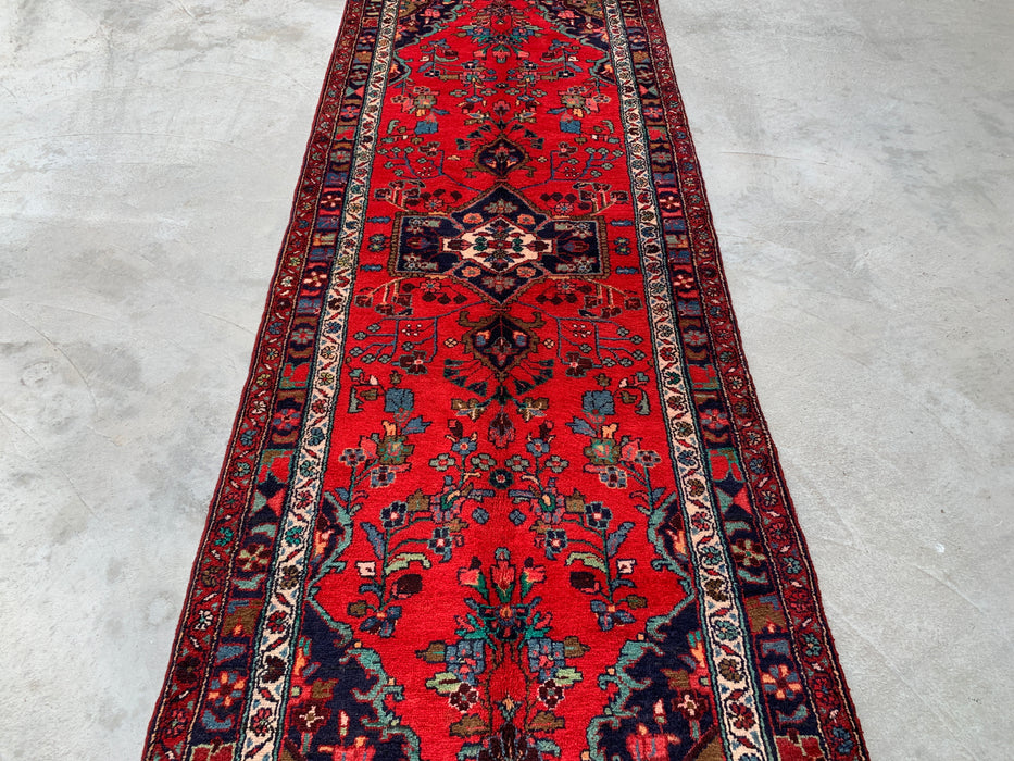 10'3 x 3'8 Hand-Knotted Persian Wool Runner - Red Floral Medallion Design with Navy Border - KBHM-882