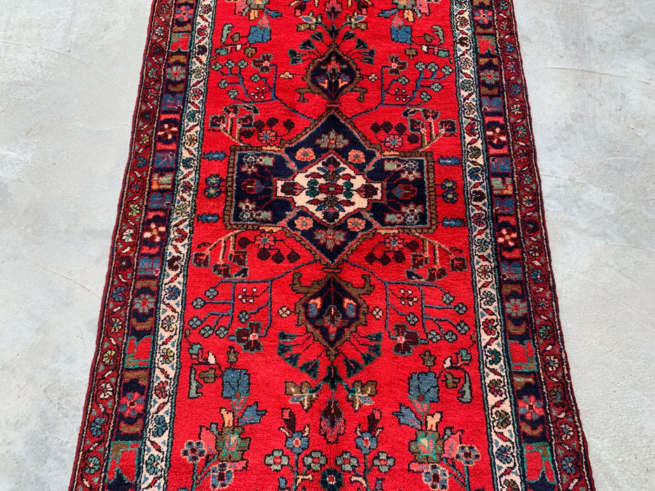 10'3 x 3'8 Hand-Knotted Persian Wool Runner - Red Floral Medallion Design with Navy Border - KBHM-882