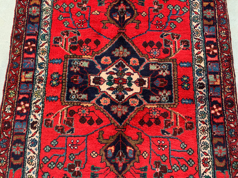 10'3 x 3'8 Hand-Knotted Persian Wool Runner - Red Floral Medallion Design with Navy Border - KBHM-882
