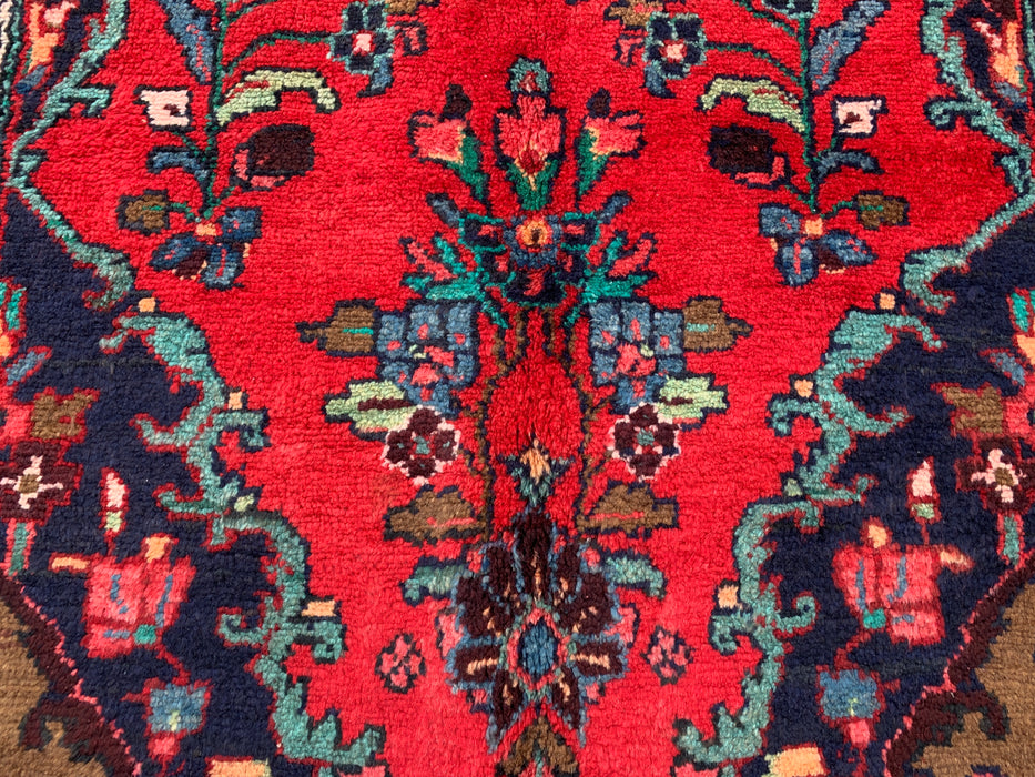10'3 x 3'8 Hand-Knotted Persian Wool Runner - Red Floral Medallion Design with Navy Border - KBHM-882