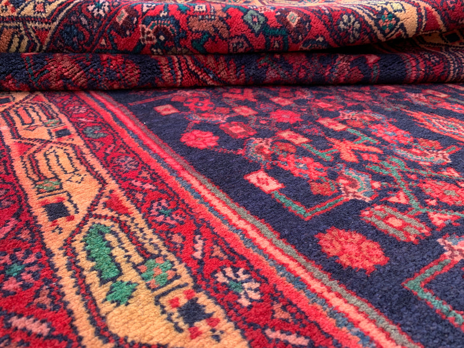 10'5 x 3'4 Hand-Knotted Persian Wool Runner - Navy Tribal Medallion Design with Red Accents - KBHM-883
