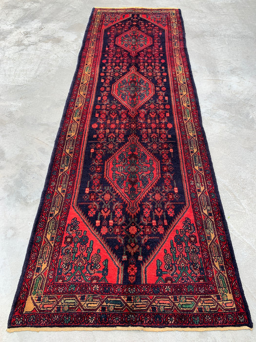 10'5 x 3'4 Hand-Knotted Persian Wool Runner - Navy Tribal Medallion Design with Red Accents - KBHM-883