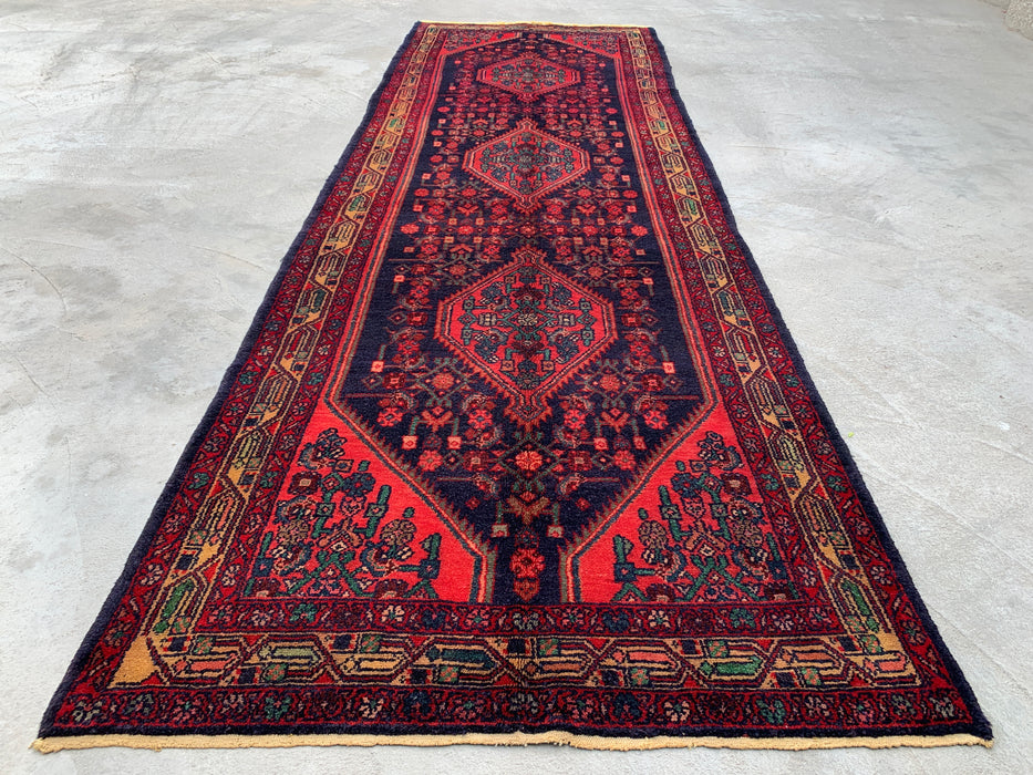 10'5 x 3'4 Hand-Knotted Persian Wool Runner - Navy Tribal Medallion Design with Red Accents - KBHM-883