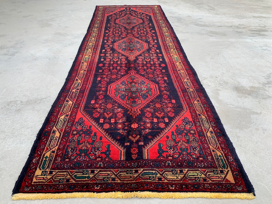 10'5 x 3'4 Hand-Knotted Persian Wool Runner - Navy Tribal Medallion Design with Red Accents - KBHM-883