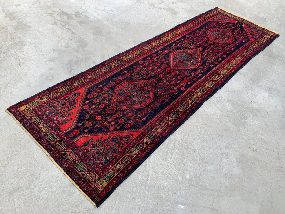 10'5 x 3'4 Hand-Knotted Persian Wool Runner - Navy Tribal Medallion Design with Red Accents - KBHM-883