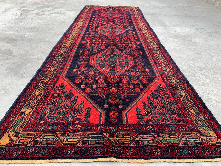 10'5 x 3'4 Hand-Knotted Persian Wool Runner - Navy Tribal Medallion Design with Red Accents - KBHM-883