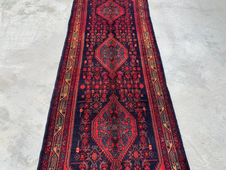 10'5 x 3'4 Hand-Knotted Persian Wool Runner - Navy Tribal Medallion Design with Red Accents - KBHM-883