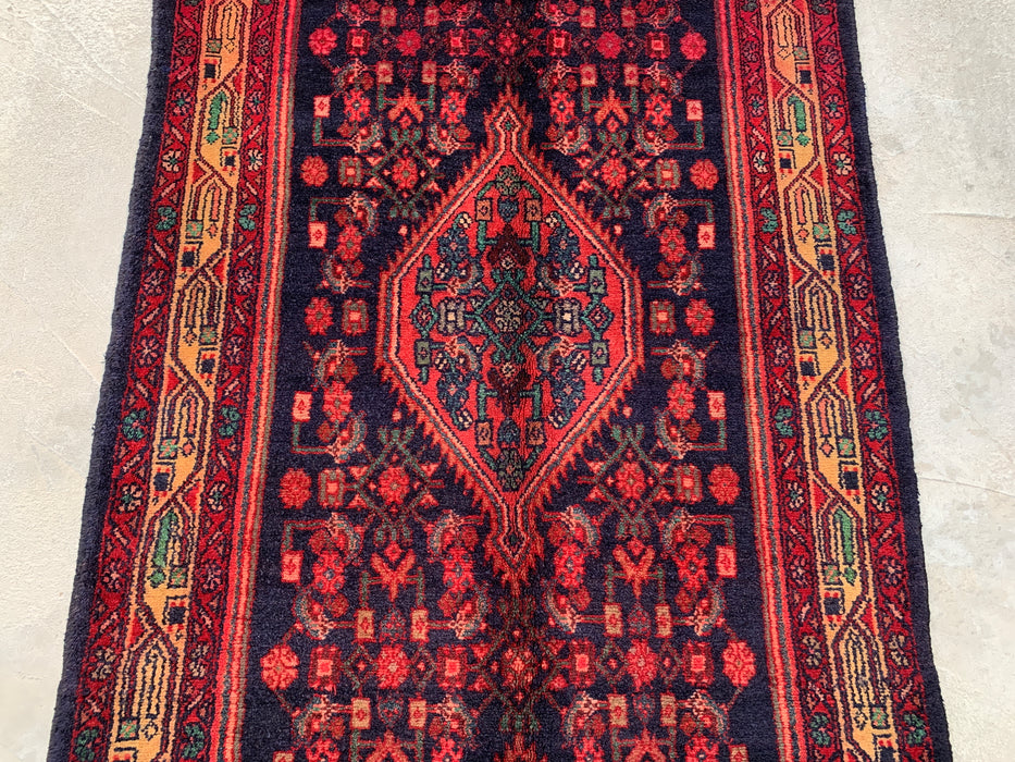 10'5 x 3'4 Hand-Knotted Persian Wool Runner - Navy Tribal Medallion Design with Red Accents - KBHM-883