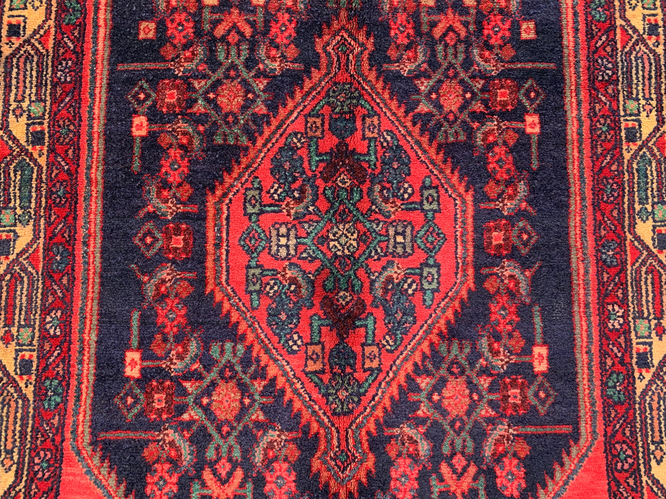 10'5 x 3'4 Hand-Knotted Persian Wool Runner - Navy Tribal Medallion Design with Red Accents - KBHM-883