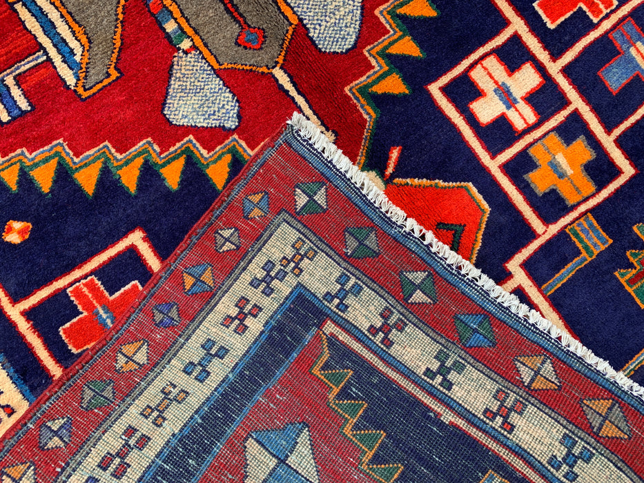 10'1 x 4'7 Hand-Knotted Persian Wool Runner - Navy Geometric Tribal Design with Red Accents - KBHM-884