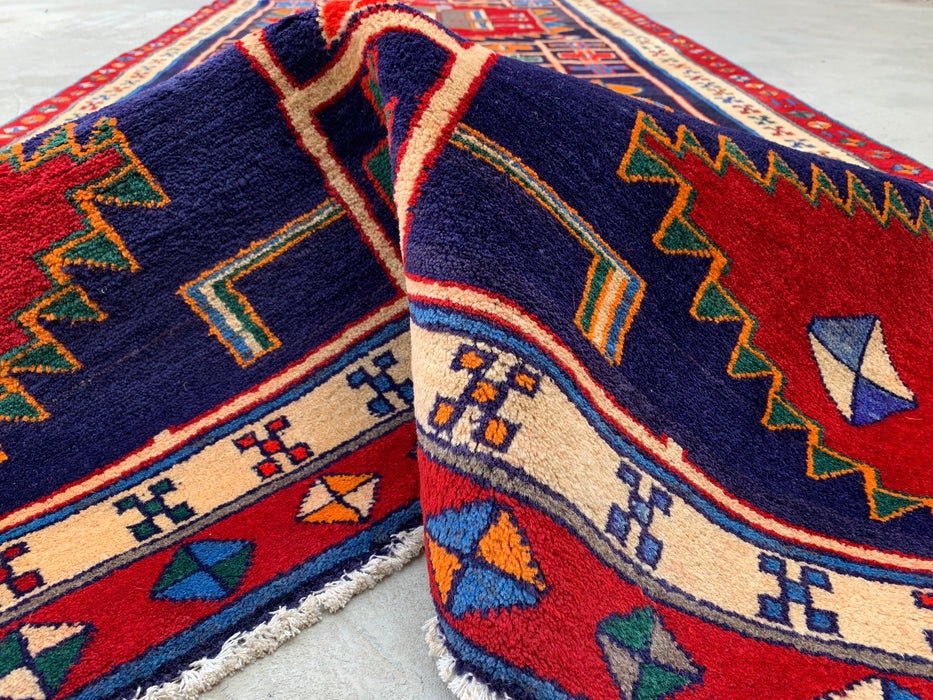 10'1 x 4'7 Hand-Knotted Persian Wool Runner - Navy Geometric Tribal Design with Red Accents - KBHM-884