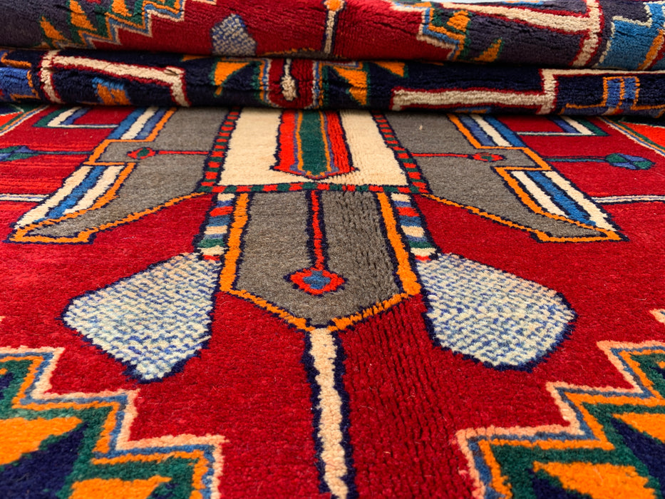 10'1 x 4'7 Hand-Knotted Persian Wool Runner - Navy Geometric Tribal Design with Red Accents - KBHM-884