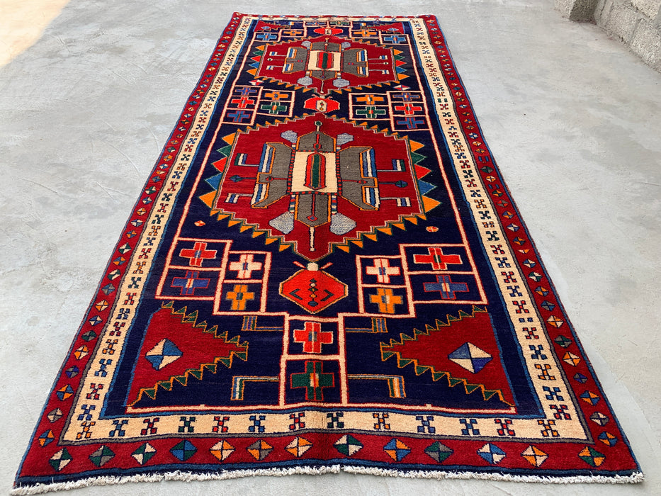 10'1 x 4'7 Hand-Knotted Persian Wool Runner - Navy Geometric Tribal Design with Red Accents - KBHM-884