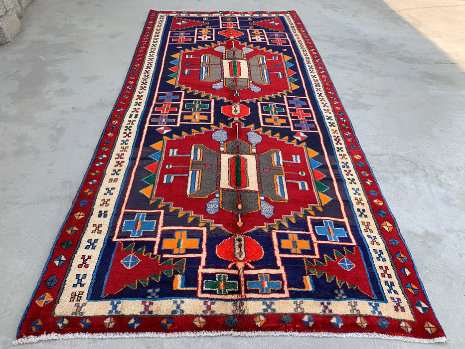 10'1 x 4'7 Hand-Knotted Persian Wool Runner - Navy Geometric Tribal Design with Red Accents - KBHM-884