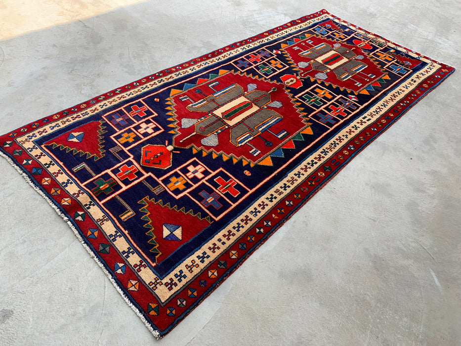 10'1 x 4'7 Hand-Knotted Persian Wool Runner - Navy Geometric Tribal Design with Red Accents - KBHM-884
