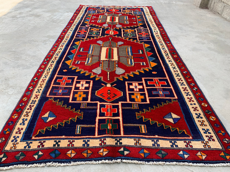 10'1 x 4'7 Hand-Knotted Persian Wool Runner - Navy Geometric Tribal Design with Red Accents - KBHM-884