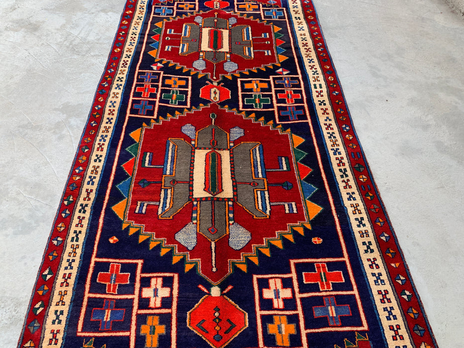 10'1 x 4'7 Hand-Knotted Persian Wool Runner - Navy Geometric Tribal Design with Red Accents - KBHM-884