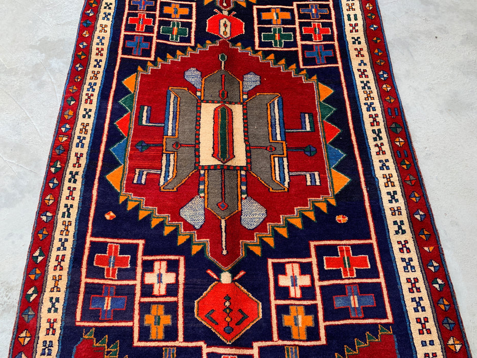 10'1 x 4'7 Hand-Knotted Persian Wool Runner - Navy Geometric Tribal Design with Red Accents - KBHM-884