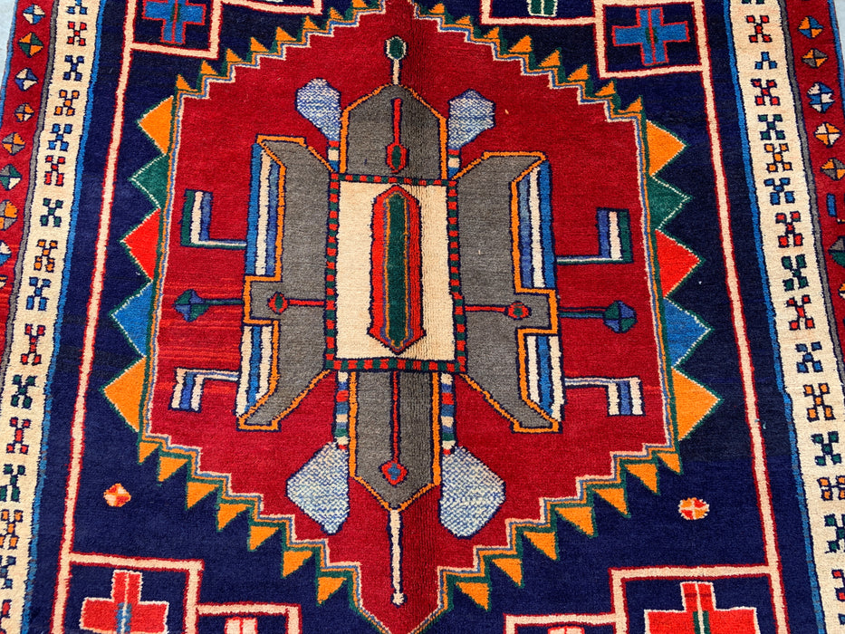 10'1 x 4'7 Hand-Knotted Persian Wool Runner - Navy Geometric Tribal Design with Red Accents - KBHM-884