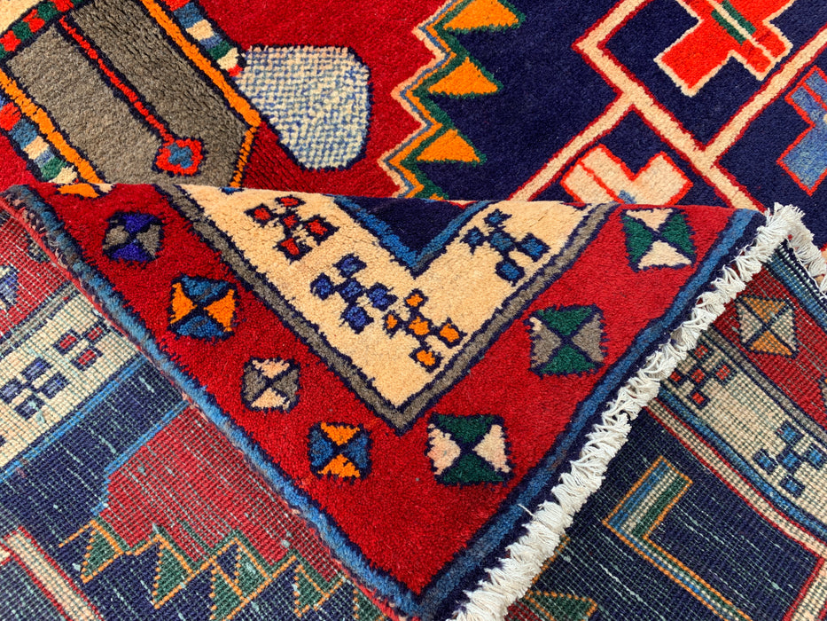 10'1 x 4'7 Hand-Knotted Persian Wool Runner - Navy Geometric Tribal Design with Red Accents - KBHM-884