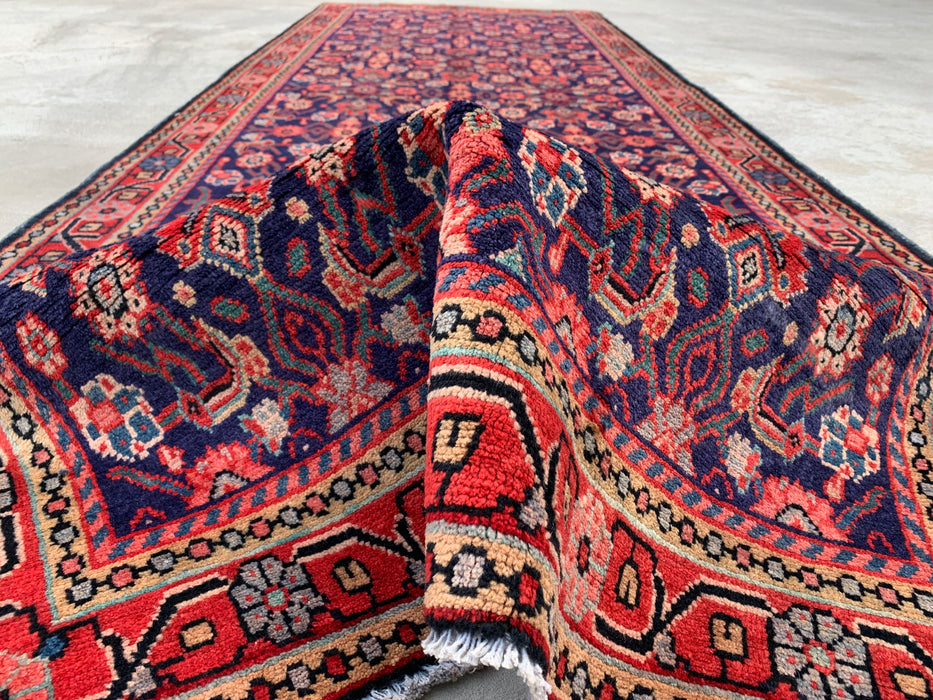 10'2 x 3'7 Hand-Knotted Persian Wool Runner - Navy All-Over Floral Design with Red Border - KBHM-885