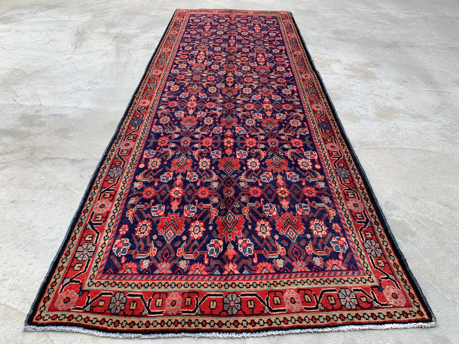 10'2 x 3'7 Hand-Knotted Persian Wool Runner - Navy All-Over Floral Design with Red Border - KBHM-885