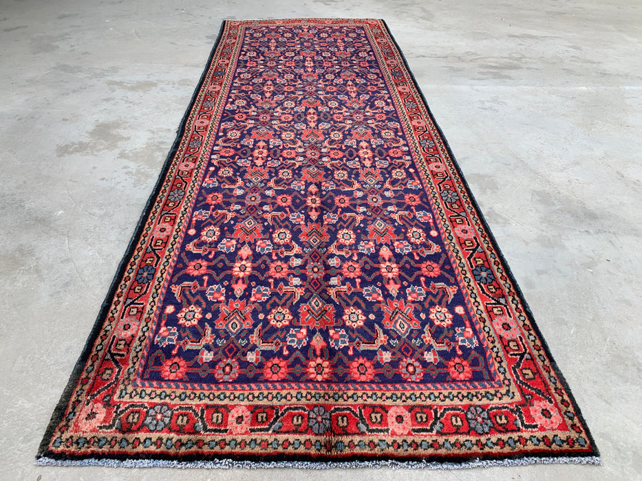 10'2 x 3'7 Hand-Knotted Persian Wool Runner - Navy All-Over Floral Design with Red Border - KBHM-885