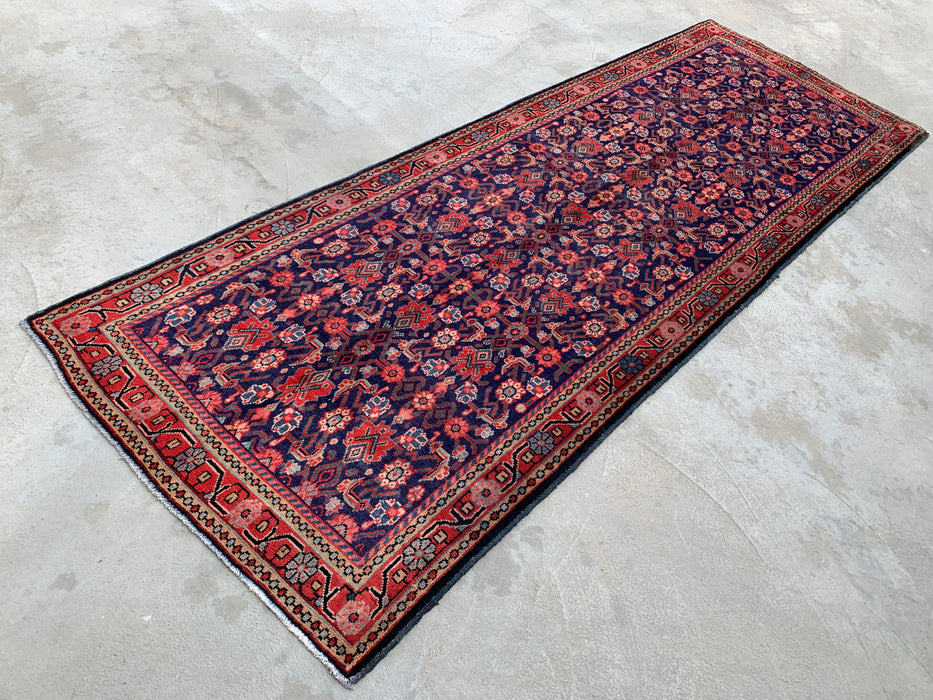10'2 x 3'7 Hand-Knotted Persian Wool Runner - Navy All-Over Floral Design with Red Border - KBHM-885