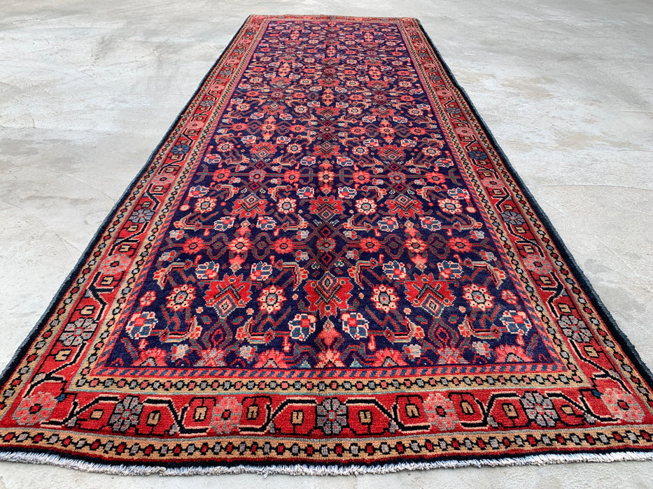 10'2 x 3'7 Hand-Knotted Persian Wool Runner - Navy All-Over Floral Design with Red Border - KBHM-885