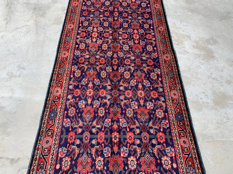 10'2 x 3'7 Hand-Knotted Persian Wool Runner - Navy All-Over Floral Design with Red Border - KBHM-885