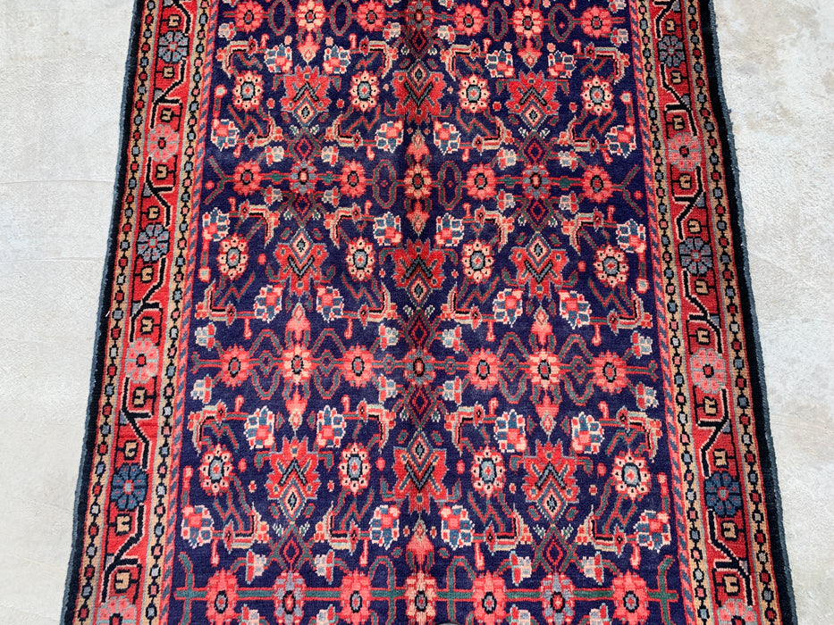 10'2 x 3'7 Hand-Knotted Persian Wool Runner - Navy All-Over Floral Design with Red Border - KBHM-885