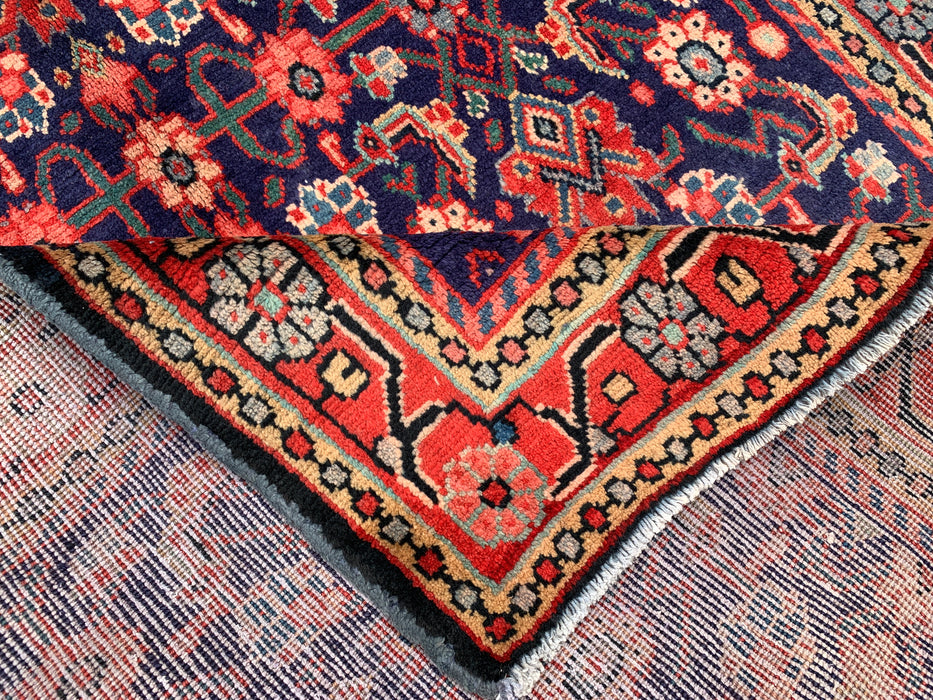10'2 x 3'7 Hand-Knotted Persian Wool Runner - Navy All-Over Floral Design with Red Border - KBHM-885
