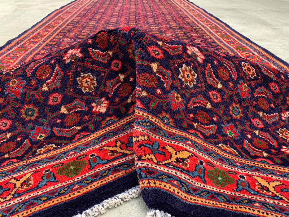 10'6 x 4'4 Hand-Knotted Persian Wool Runner - Navy All-Over Floral Design with Red Border - KBHM-886
