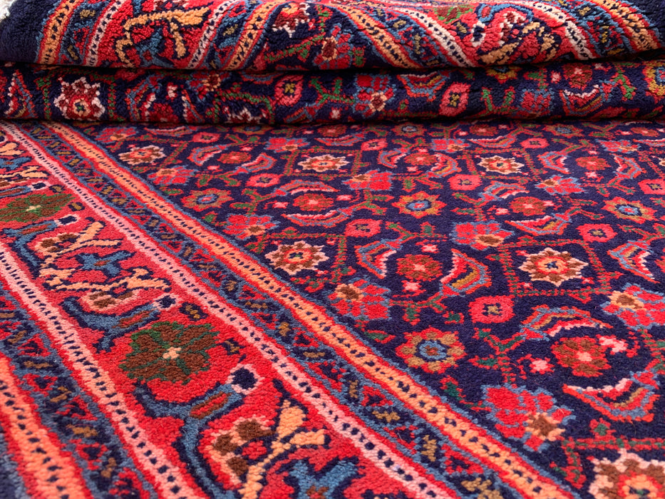 10'6 x 4'4 Hand-Knotted Persian Wool Runner - Navy All-Over Floral Design with Red Border - KBHM-886