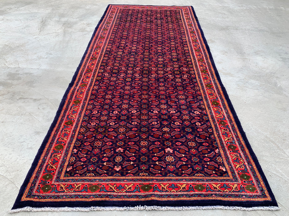 10'6 x 4'4 Hand-Knotted Persian Wool Runner - Navy All-Over Floral Design with Red Border - KBHM-886