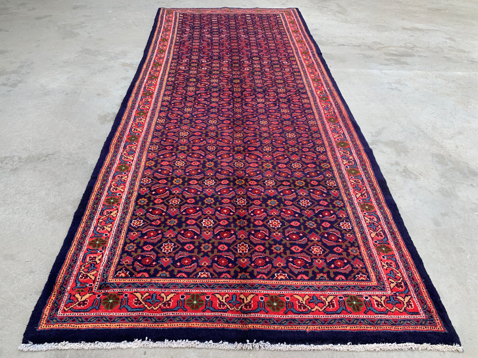 10'6 x 4'4 Hand-Knotted Persian Wool Runner - Navy All-Over Floral Design with Red Border - KBHM-886