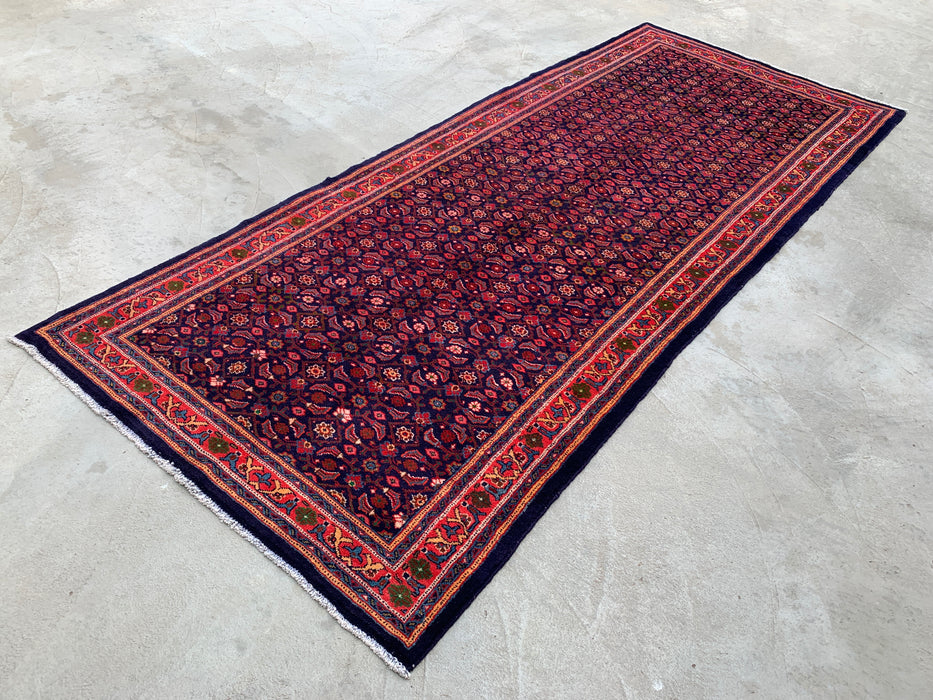 10'6 x 4'4 Hand-Knotted Persian Wool Runner - Navy All-Over Floral Design with Red Border - KBHM-886