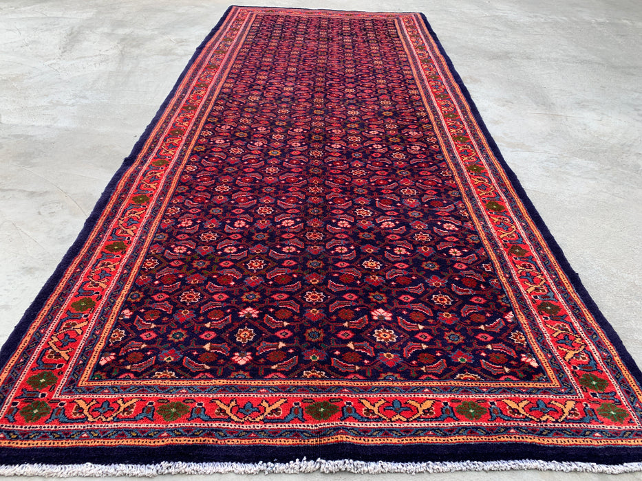 10'6 x 4'4 Hand-Knotted Persian Wool Runner - Navy All-Over Floral Design with Red Border - KBHM-886