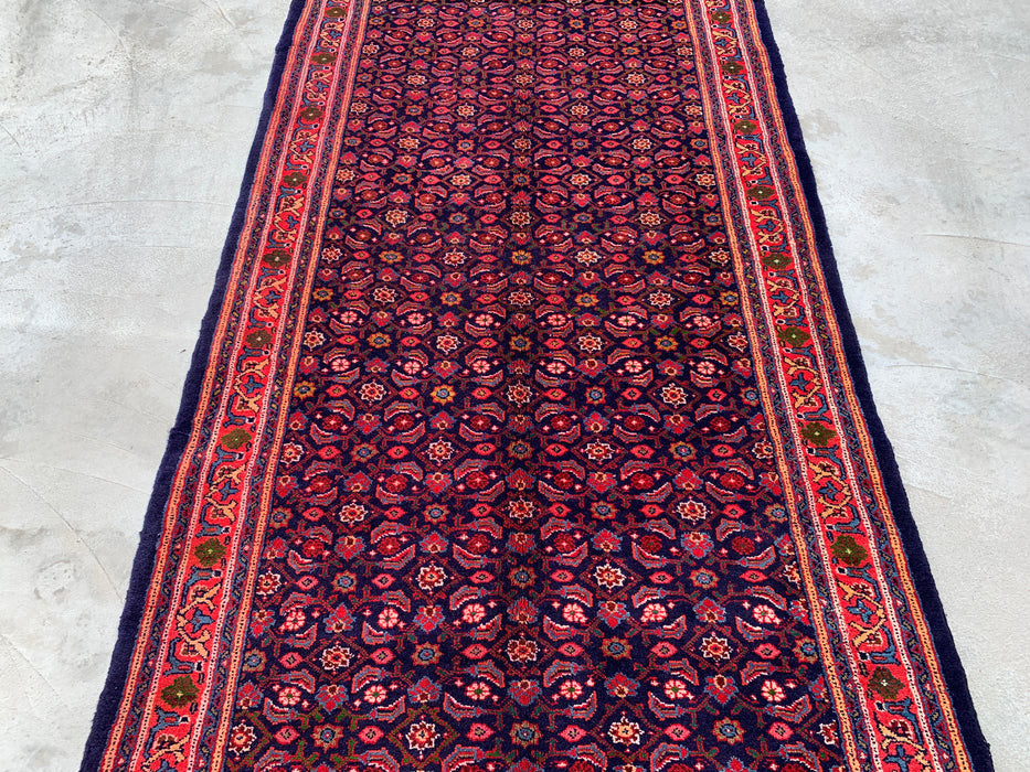 10'6 x 4'4 Hand-Knotted Persian Wool Runner - Navy All-Over Floral Design with Red Border - KBHM-886