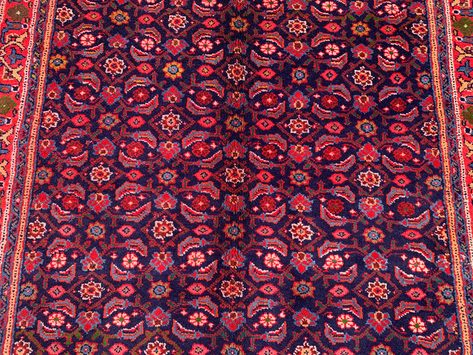 10'6 x 4'4 Hand-Knotted Persian Wool Runner - Navy All-Over Floral Design with Red Border - KBHM-886