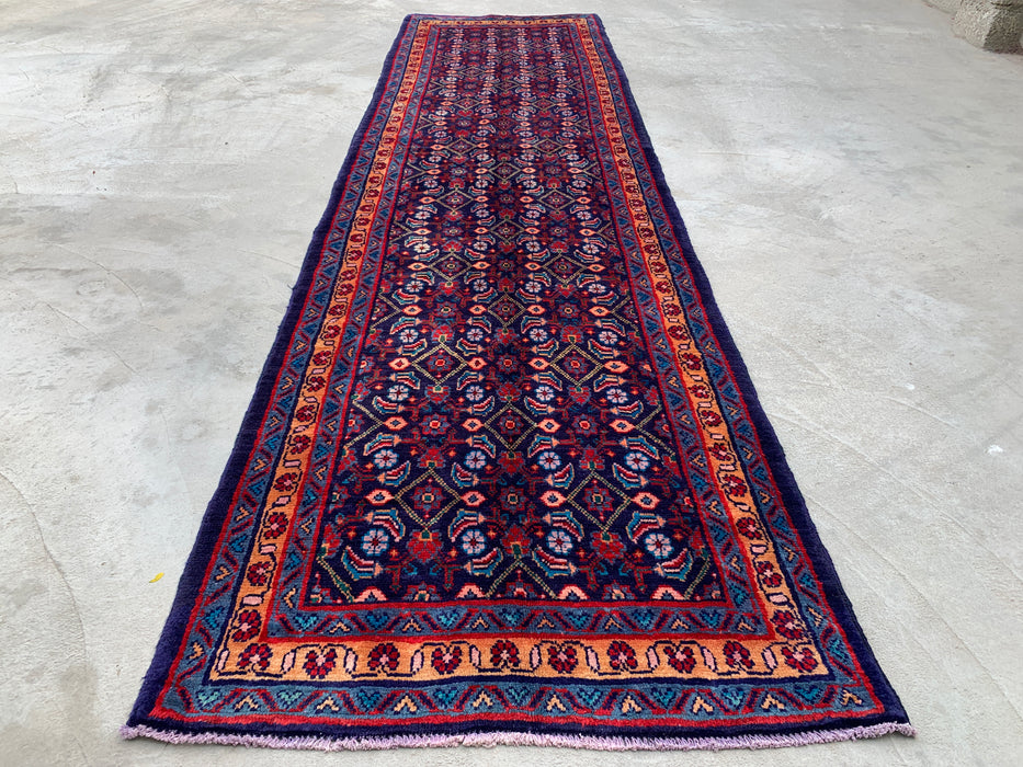 12'6 x 3'4 Hand-Knotted Persian Wool Runner - Navy All-Over Floral Design - KBHM-889