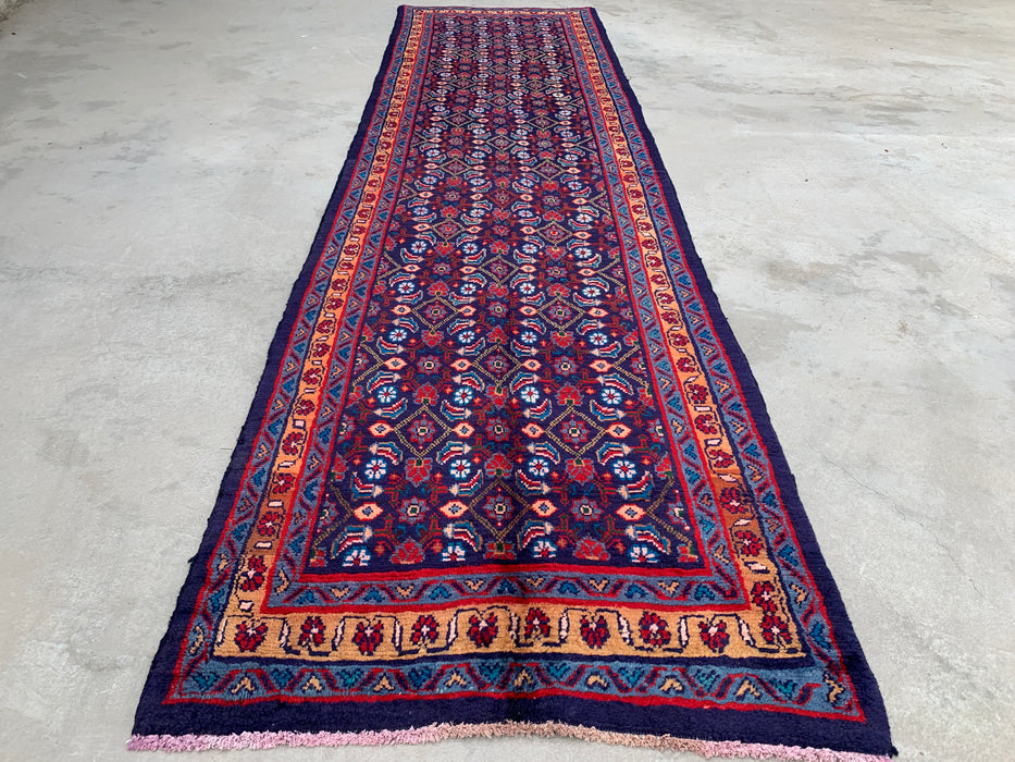 12'6 x 3'4 Hand-Knotted Persian Wool Runner - Navy All-Over Floral Design - KBHM-889