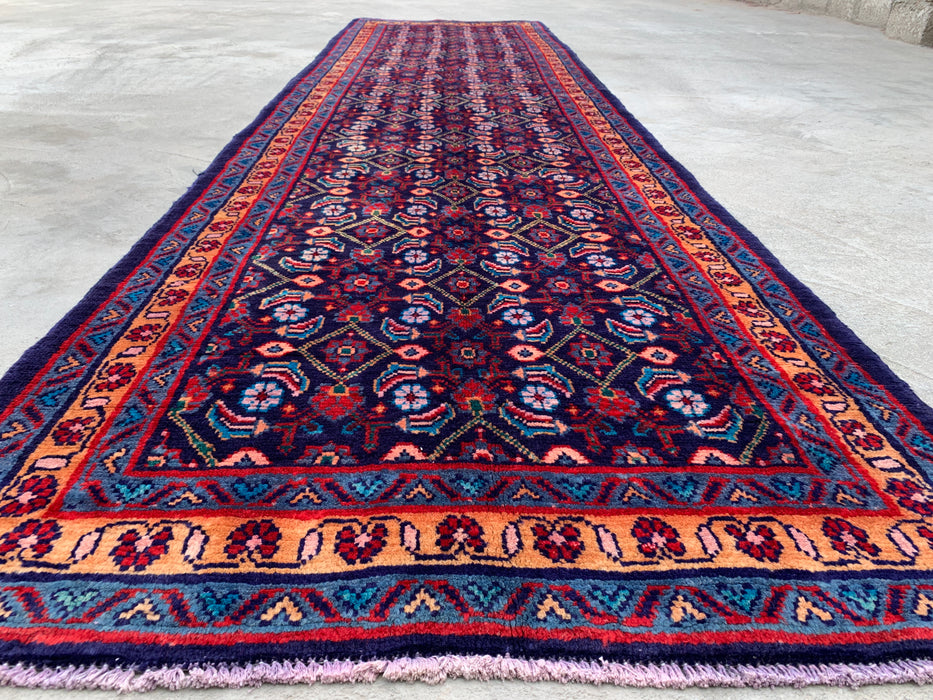 12'6 x 3'4 Hand-Knotted Persian Wool Runner - Navy All-Over Floral Design - KBHM-889