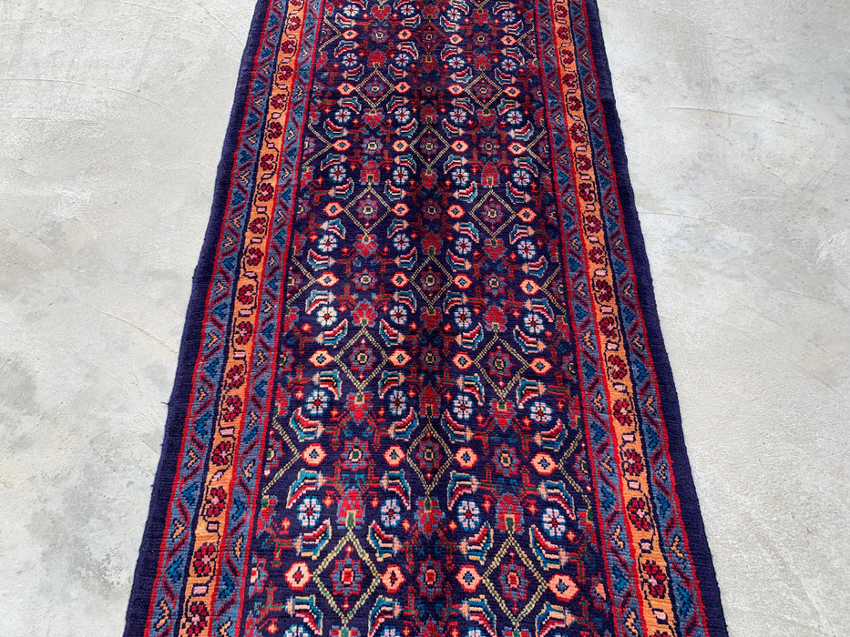 12'6 x 3'4 Hand-Knotted Persian Wool Runner - Navy All-Over Floral Design - KBHM-889