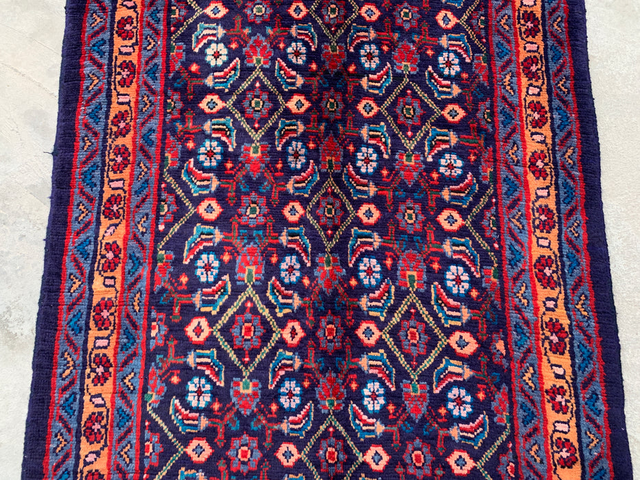 12'6 x 3'4 Hand-Knotted Persian Wool Runner - Navy All-Over Floral Design - KBHM-889