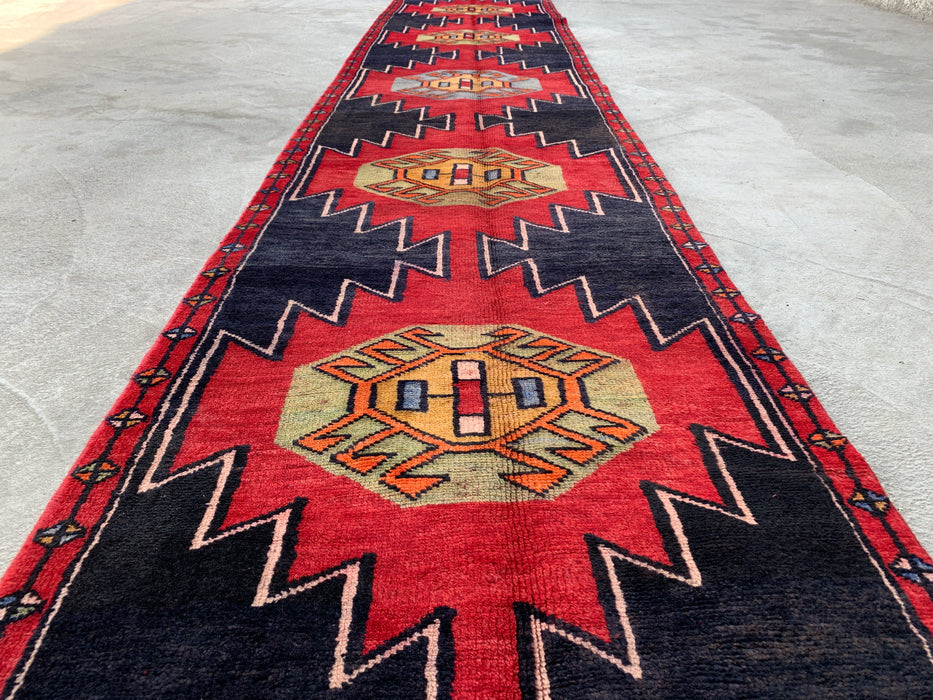 13'0 x 2'8 Hand-Knotted Persian Wool Runner - Navy Geometric Tribal Design with Red Motifs - KBHM-890