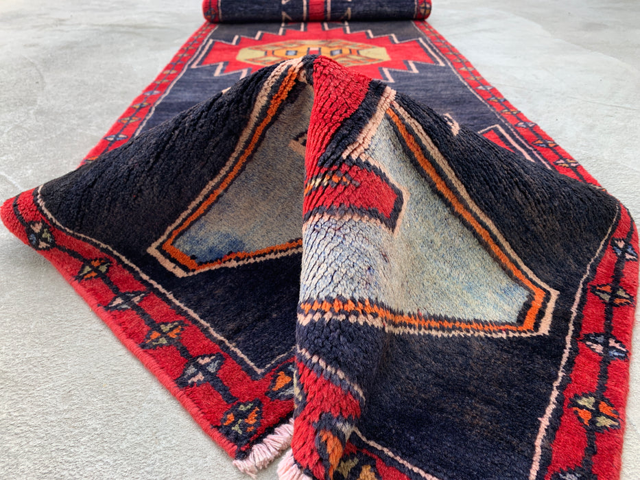 13'0 x 2'8 Hand-Knotted Persian Wool Runner - Navy Geometric Tribal Design with Red Motifs - KBHM-890