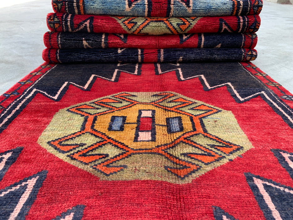 13'0 x 2'8 Hand-Knotted Persian Wool Runner - Navy Geometric Tribal Design with Red Motifs - KBHM-890