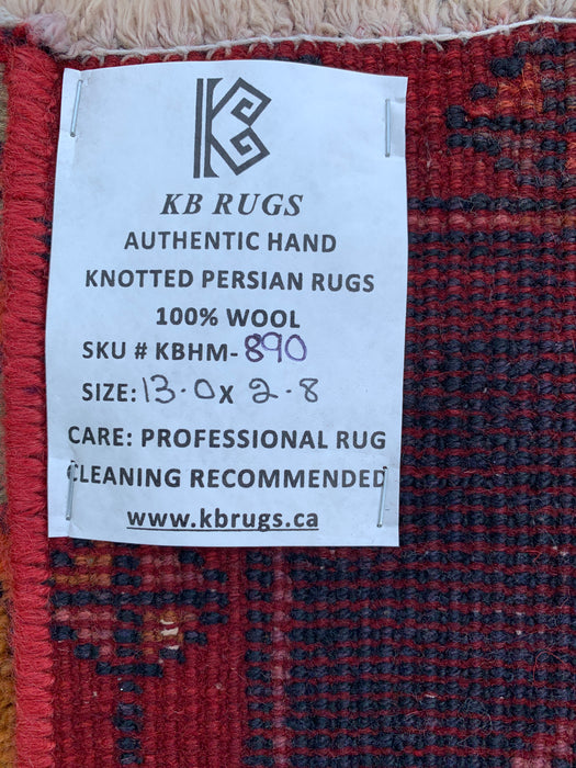13'0 x 2'8 Hand-Knotted Persian Wool Runner - Navy Geometric Tribal Design with Red Motifs - KBHM-890