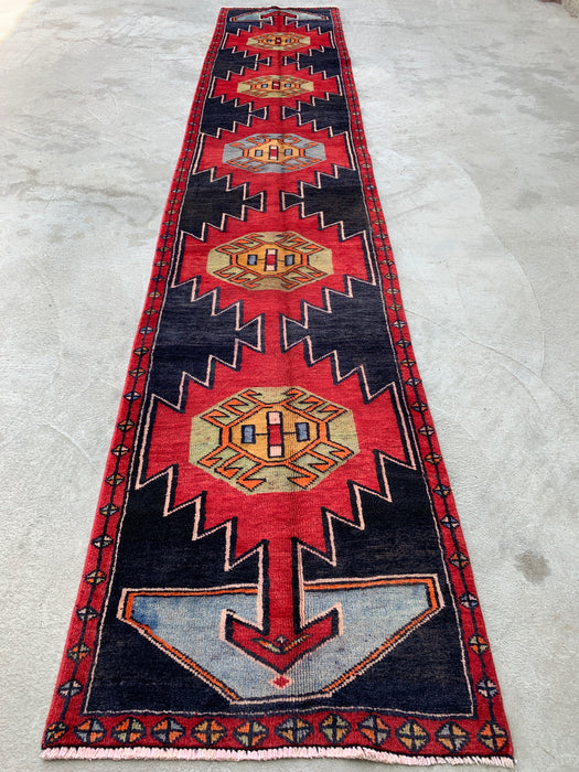 13'0 x 2'8 Hand-Knotted Persian Wool Runner - Navy Geometric Tribal Design with Red Motifs - KBHM-890